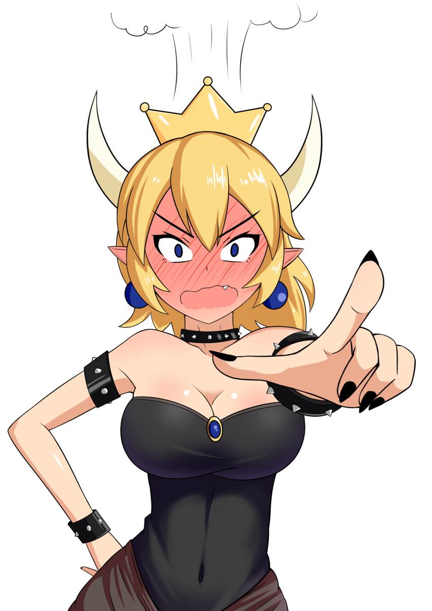 angry blonde_hair blue_eyes blush borrowed_design bowsette breasts cleavage covered_navel crown dress ear_blush earrings embarrassed fang full-face_blush glaring hand_on_hip head_steam highres jewelry large_breasts looking_at_viewer mario_(series) new_super_mario_bros._u_deluxe pointing pointy_ears ponytail simple_background solo spiked strapless strapless_dress super_crown the_only_shoe wavy_mouth white_background wide-eyed