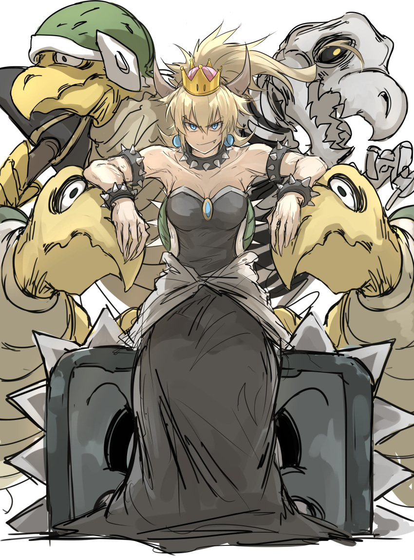 &gt;:) absurdres arm_rest armlet bare_shoulders black_dress blonde_hair blue_eyes borrowed_design bowsette bracelet brooch closed_mouth collar collarbone commentary_request crown dress dry_bones earrings eyebrows_visible_through_hair fang_out fingernails full_body hair_between_eyes hammer_brothers highres horns jewelry kan_(aaaaari35) koopa_troopa long_dress long_hair looking_at_viewer mario_(series) monster new_super_mario_bros._u_deluxe sharp_fingernails sidelocks sitting skeleton smile smirk spiked_armlet spiked_bracelet spiked_collar spikes strapless strapless_dress super_crown super_mario_bros. thwomp toned tsurime turtle_shell v-shaped_eyebrows