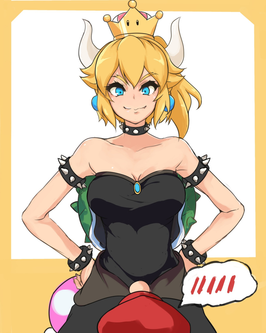 1girl black_dress blonde_hair blue_eyes blush bowsette breasts cabbie_hat cleavage commentary_request crown dress earrings eyebrows eyebrows_visible_through_hair fang fang_out forked_eyebrows hands_on_hips hat height_difference highres horns jewelry looking_up mario mario_(series) new_super_mario_bros._u_deluxe nose partially_translated smile strapless strapless_dress super_crown thought_bubble translation_request tsunemuku_sakami