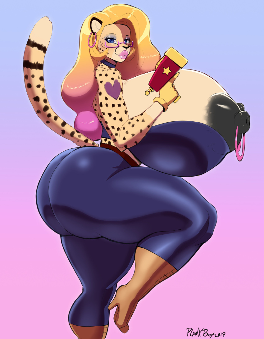anthro betsibi big_breasts big_butt breasts butt carmelita_fox_(cosplay) cheetah clothed clothing cosplay eyewear feline female glasses huge_breasts huge_butt hyper hyper_breasts looking_at_viewer makeup mammal nipple_bulge plankboy sly_cooper_(series) smile solo standing thick_thighs tight_clothing video_games voluptuous