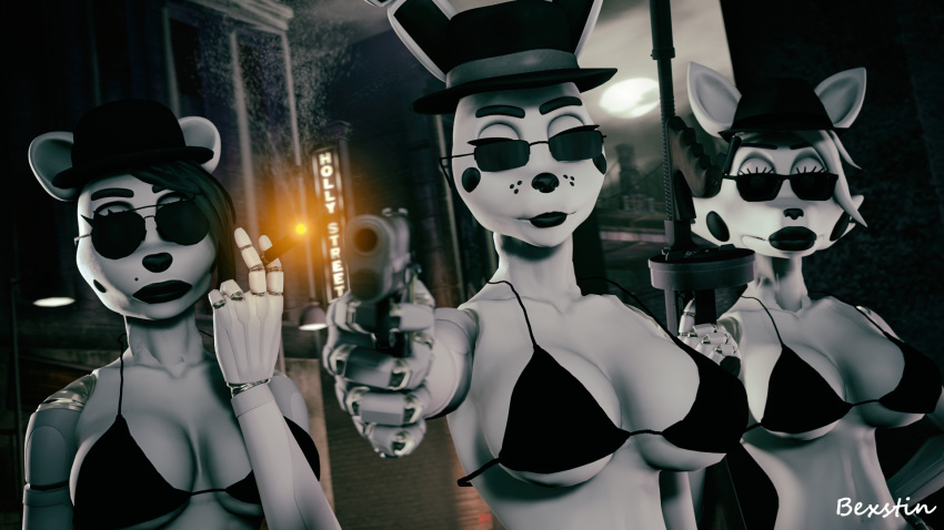 2018 3d_(artwork) animatronic anthro bexstin big_breasts bonnie_(fnaf) bra breasts canine cigar clothed clothing crossgender digital_media_(artwork) eyewear female five_nights_at_freddy's five_nights_at_freddy's_2 fox freddy_(fnaf) gun hair handgun hat holding_object holding_weapon lagomorph looking_at_viewer machine mammal mangle_(fnaf) rabbit ranged_weapon robot source_filmmaker standing sunglasses underwear video_games weapon