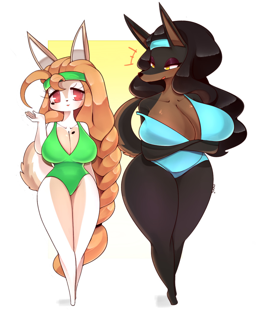 2018 anthro big_breasts big_eyes black_fur black_hair black_nose breast_size_difference breasts brown_fur brown_hair canine cleavage clothed clothing doberman dog duo eyeliner female front_view fur hair headband laverne_(sssonic2) leotard long_ears long_hair makeup mammal monidraws multicolored_fur no_pupils pink_eyes pointy_ears smile standing tan_fur two_tone_fur white_fur yellow_eyes