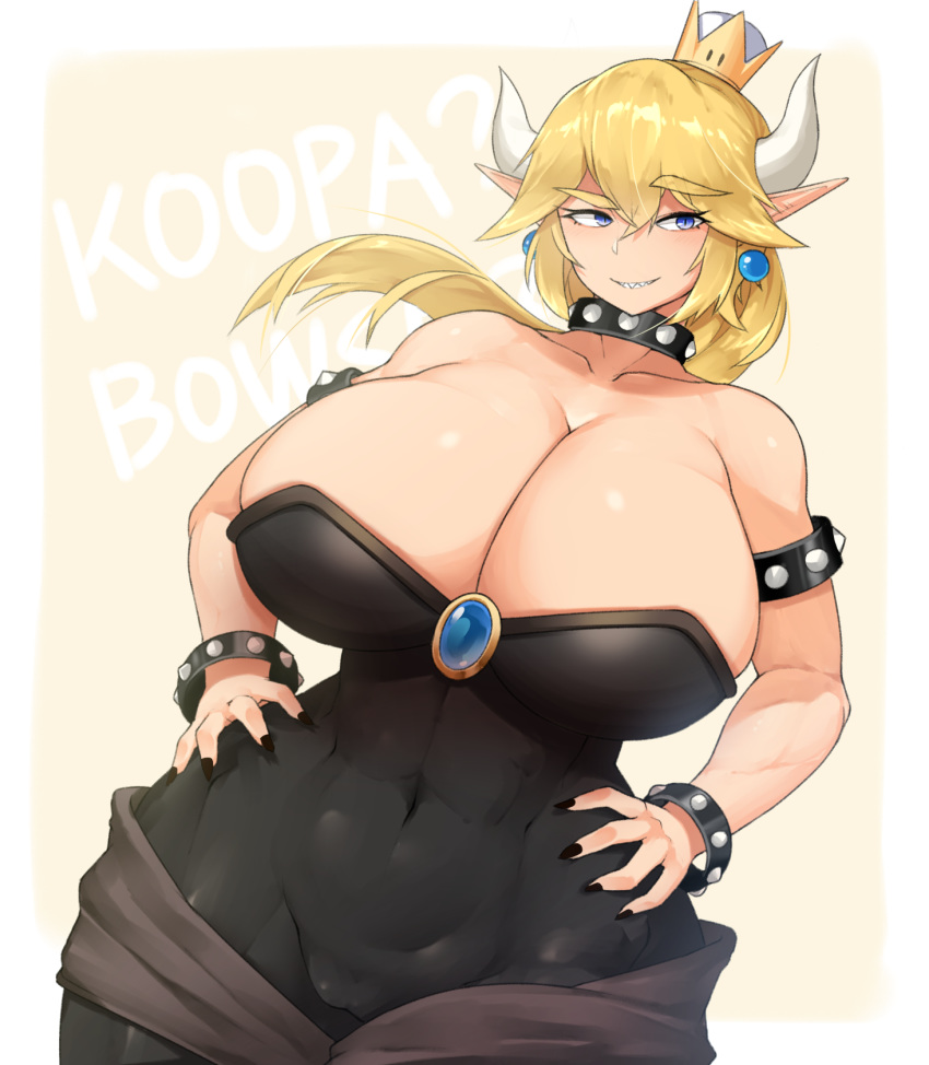 bare_shoulders black_dress black_nails blonde_hair blue_eyes bowsette breasts cameltoe cleavage collar commentary_request covered_navel crown curvy dress earrings grin hands_on_hips highres horns huge_breasts jewelry looking_at_viewer mario_(series) nail_polish new_super_mario_bros._u_deluxe pointy_ears raised_eyebrow sash sharp_teeth sinensian smile solo spiked_armlet spiked_collar spikes super_crown teeth thick_eyebrows thick_thighs thighs wide_hips