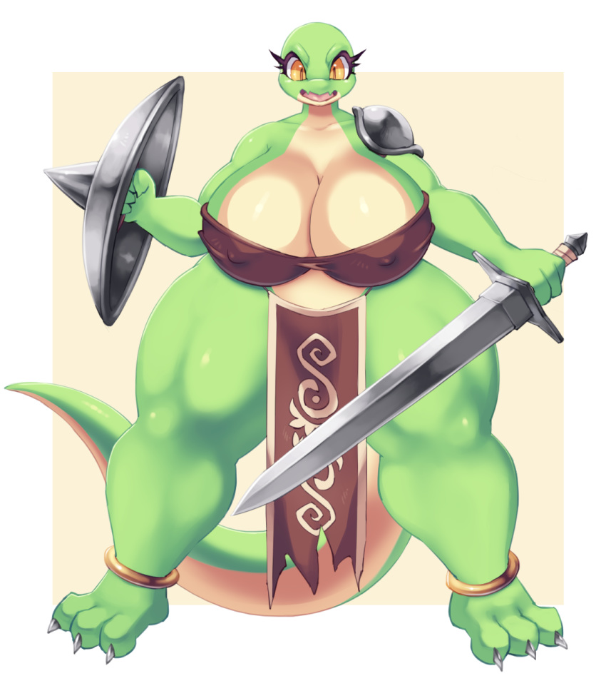 1girl breasts brown_eyes lizard murasuke nipples open_mouth shield solo sword weapon