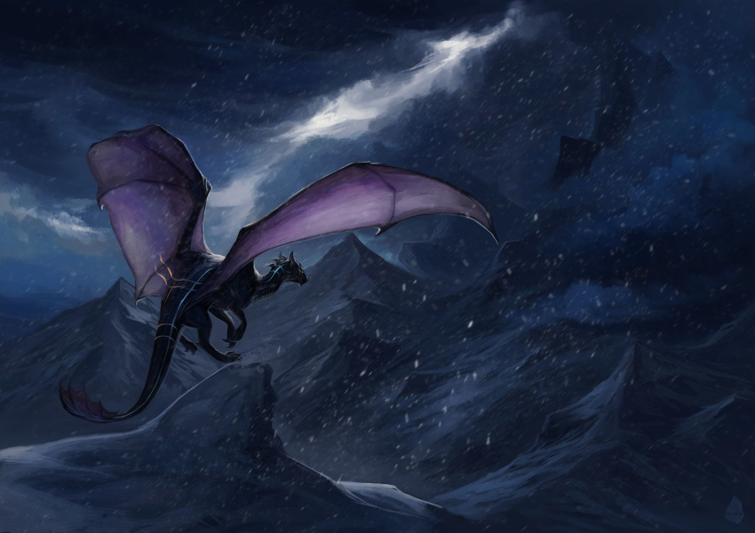 2018 allagar ambiguous_gender claws detailed_background digital_media_(artwork) dragon flying horn membranous_wings night outside scalie solo spines western_dragon wings