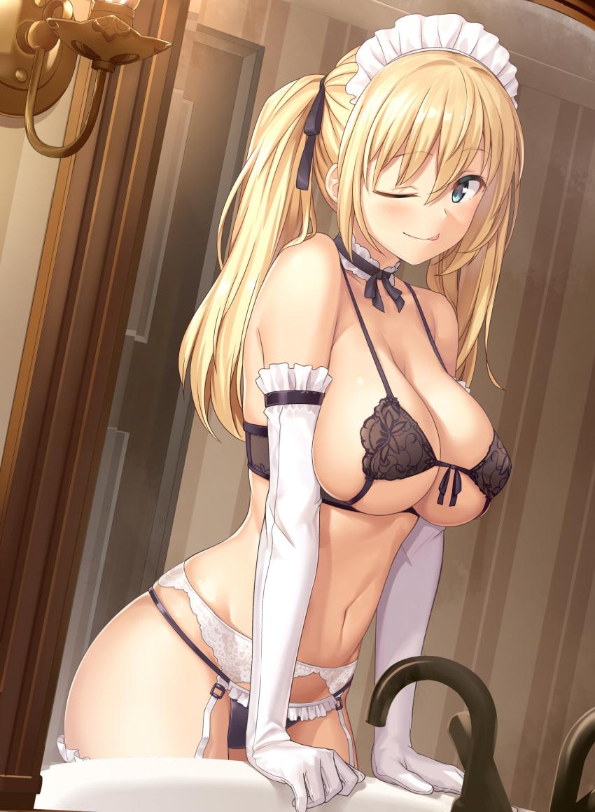 ;p absurdres bangs black_ribbon blonde_hair blue_eyes blush bra breasts candlelight candlestand choker cleavage collarbone commentary_request elbow_gloves eyebrows_visible_through_hair faucet frilled_choker frilled_panties frills front-tie_bra garter_belt gloves groin hair_ribbon highres indoors lace-trimmed_garter_belt large_breasts lingerie looking_at_viewer maid maid_headdress navel one_eye_closed original panties panties_over_garter_belt purple_bra purple_panties ribbon sawada_yuusuke sidelocks sink skindentation smile solo stomach thighs toned tongue tongue_out twintails underwear underwear_only white_garter_belt white_gloves