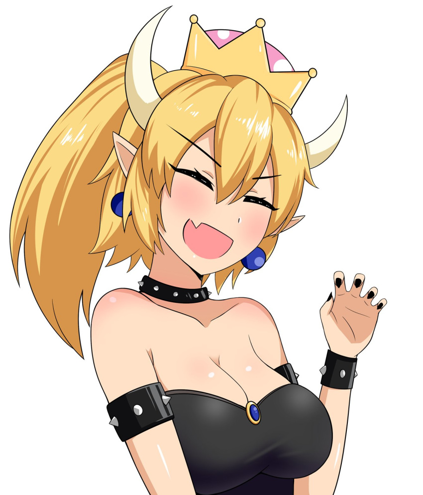 blonde_hair blue_eyes blush bowsette breasts claw_pose cleavage closed_eyes commentary crown dress earrings fang highres jewelry large_breasts mario_(series) new_super_mario_bros._u_deluxe open_mouth pointing pointy_ears ponytail simple_background smile solo spiked strapless strapless_dress super_crown the_only_shoe white_background wide-eyed