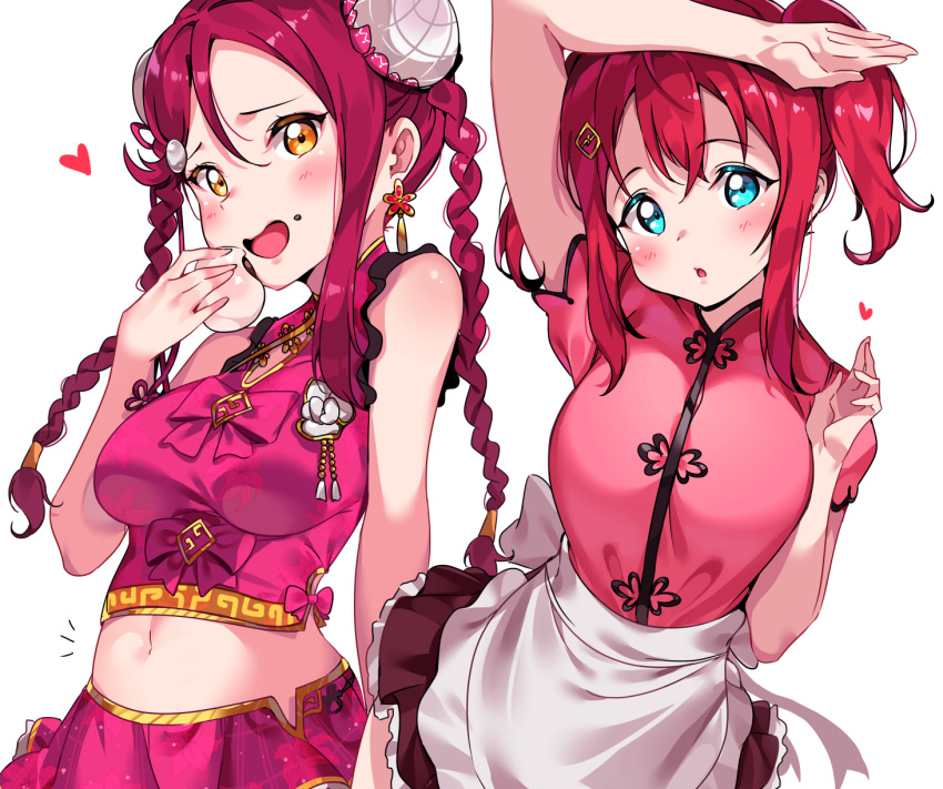 :o alternate_hairstyle apron arm_on_head arm_up baozi belly blue_eyes blush braid chinese_clothes double_bun earrings eating food food_on_face hair_ornament hairclip heart highres holding holding_food jewelry kurosawa_ruby long_hair looking_at_viewer love_live! love_live!_sunshine!! midriff multiple_girls navel notice_lines pink_shirt pink_skirt red_hair sakurauchi_riko shirt sidelocks simple_background skirt tem10 twin_braids two_side_up waist_apron white_background yellow_eyes