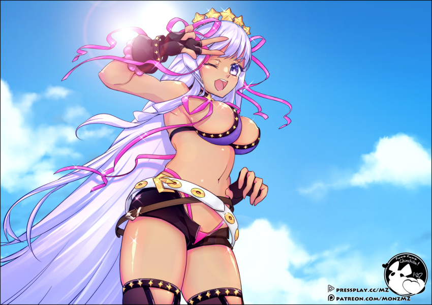 ;d bare_shoulders bb_(fate)_(all) bb_(swimsuit_mooncancer)_(fate) bikini black_gloves black_legwear black_shorts blue_sky breasts cloud dark_skin day fate/grand_order fate_(series) fingerless_gloves gloves highleg highleg_bikini large_breasts long_hair monzmz navel one_eye_closed open_fly open_mouth outdoors purple_eyes purple_hair short_shorts shorts sky smile solo sparkle star sun swimsuit teeth thighhighs thighs v very_long_hair