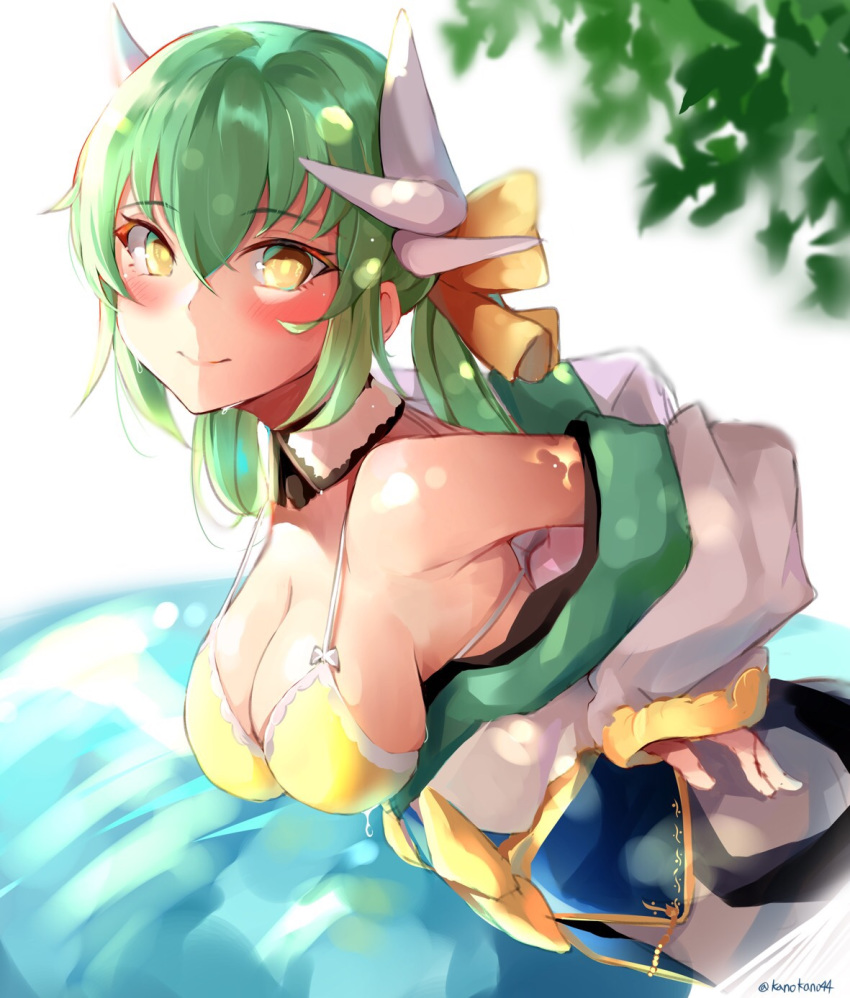 bikini blush bow commentary_request fate/grand_order fate_(series) green_hair hair_bow highres horns kano_(kanokano44) kiyohime_(fate/grand_order) kiyohime_(swimsuit_lancer)_(fate) leaning_forward long_hair looking_at_viewer looking_to_the_side smile solo swimsuit twitter_username yellow_bikini_top yellow_eyes