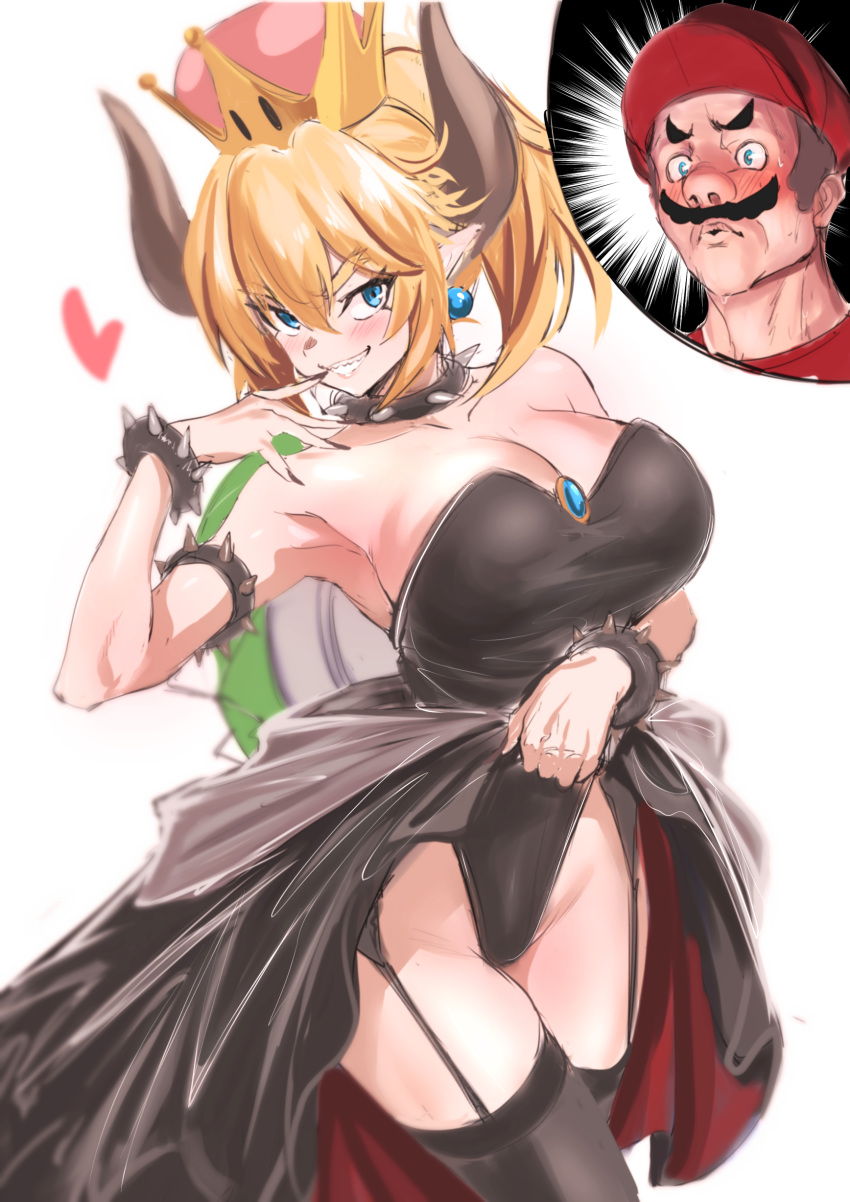 1girl absurdres armlet bare_shoulders black_dress black_legwear blonde_hair blue_eyes blush bowsette bracelet breasts brooch brown_hair cleavage collar crown dress dress_lift earrings facial_hair garter_belt garter_straps grin hat heart highres hips horns jewelry large_breasts leotard mario mario_(series) mustache new_super_mario_bros._u_deluxe pointy_ears ponytail red_hat simple_background smile spiked_bracelet spiked_collar spikes super_crown super_mario_bros. thighhighs thighs turtle_shell ulrich_(tagaragakuin) white_background