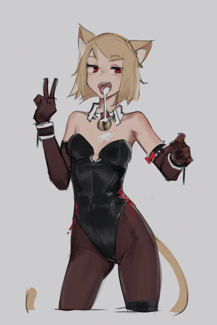 1girl aftersex animal_ears bell bell_collar black_gloves black_legwear blonde_hair breasts bunnysuit cat_ears cat_tail collar cum cum_in_mouth cum_on_body cum_on_breasts cum_on_upper_body deel_(rkeg) facing_viewer gloves lisa_(deel) open_mouth original peace_symbol red_eyes sexually_suggestive short_hair solo tail tongue tongue_out