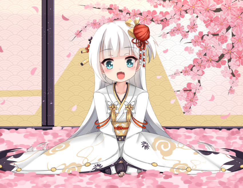 :d azur_lane bangs between_legs black_gloves blue_eyes blush cherry_blossoms child collarbone commentary_request eyebrows_visible_through_hair fang fingerless_gloves gloves hair_ornament hand_between_legs head_tilt highres indoors japanese_clothes kagami_mochi kimono long_hair long_sleeves looking_at_viewer mole mole_under_eye new_year open_mouth petals print_kimono seiza shoukaku_(azur_lane) silver_hair sitting smile solo ty_kaede v_arms very_long_hair wariza white_kimono wide_sleeves younger