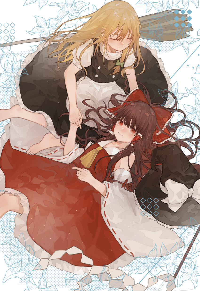 absurdres apron barefoot blonde_hair bow braid broom brown_hair closed_eyes commentary_request detached_sleeves floral_background frilled_bow frills gohei hair_tubes hakurei_reimu hat highres holding_hands kirisame_marisa long_hair lying multiple_girls nontraditional_miko on_back patterned_background red_eyes rudrawong simple_background single_braid sitting smile touhou waist_apron witch witch_hat yellow_neckwear yuri