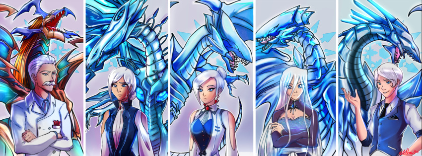 2boys 3girls alternate_hair_style blue-eyes_alternative_white_dragon blue-eyes_chaos_max_dragon blue-eyes_white_dragon blue_eyes chaos_emperor_dragon_envoy_of_the_end clothes commission crossed_arms crossover deep-eyes_white_dragon dragon dragon_wings duel_monster family father_and_son formal glowing glowing_eyes grey_hair grin jacques_schnee kisara long_hair looking_at_viewer mother_and_daughter multiple_boys multiple_girls need_tags plain_background rwby sharp_teeth short_hair smile suit tears teeth tie vest weiss_schnee white_hair whitley_schnee willow_schnee wings winter_schnee yu-gi-oh! yuu-gi-ou yuu-gi-ou_duel_monsters yuu-gi-ou_the_dark_side_of_dimensions zelka94