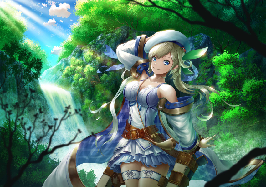 absurdres arm_up belt beret blonde_hair blue_eyes breasts closed_mouth cloud cucouroux_(granblue_fantasy) day dress eyebrows_visible_through_hair foliage fujifuji924 granblue_fantasy hat highres horn large_breasts leaning_to_the_side long_hair long_sleeves looking_at_viewer outdoors smile solo sunlight thighhighs tree twintails white_hat