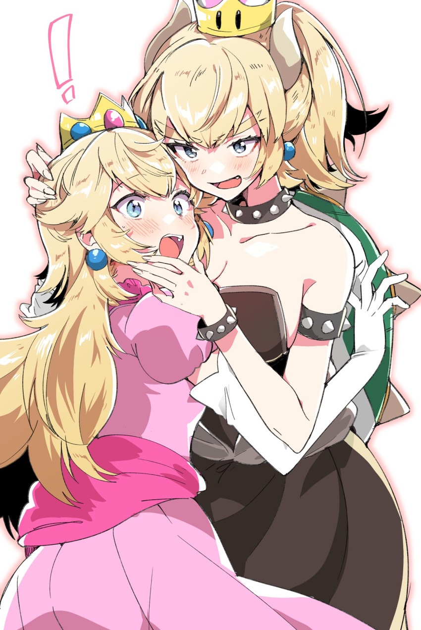 2girls :d armlet bare_shoulders black_dress blonde_hair blue_eyes blush bowsette bracelet breasts collar collarbone commentary_request crown dress earrings elbow_gloves eyebrows_visible_through_hair fang forked_eyebrows gloves hand_on_another's_chin hand_on_another's_head highres horns hug jewelry large_breasts long_hair mario_(series) multiple_girls new_super_mario_bros._u_deluxe open_mouth pink_dress ponytail princess_peach puffy_short_sleeves puffy_sleeves sharp_teeth short_sleeves smile spiked_armlet spiked_bracelet spiked_collar spiked_shell spikes strapless strapless_dress super_crown super_mario_bros. surprised tail takeshima_(nia) teeth thick_eyebrows turtle_shell white_gloves yuri