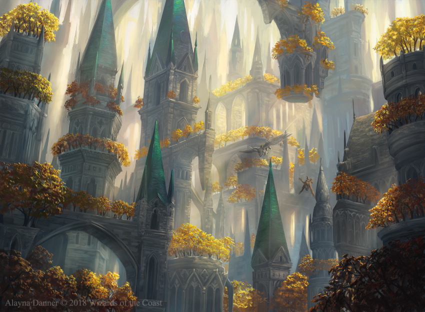 arch architecture bridge castle city commentary day english_commentary fantasy floating_island highres landscape magic:_the_gathering nature no_humans official_art outdoors pegasus scenery tower tree