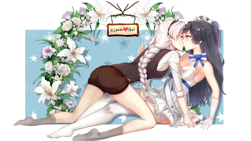 bare_shoulders benghuai_xueyuan black_hair black_vest blue_bow blush bow braid breasts character_name chinese_commentary cleavage closed_eyes commentary_request facing_another flower from_side gloves grey_legwear heart honkai_impact kiana_kaslana kiss leaf lily_(flower) long_braid long_hair looking_at_another multiple_girls raiden_mei single_braid socks star striped striped_bow thighhighs vest white_bow white_gloves white_hair white_legwear yuri zombcx