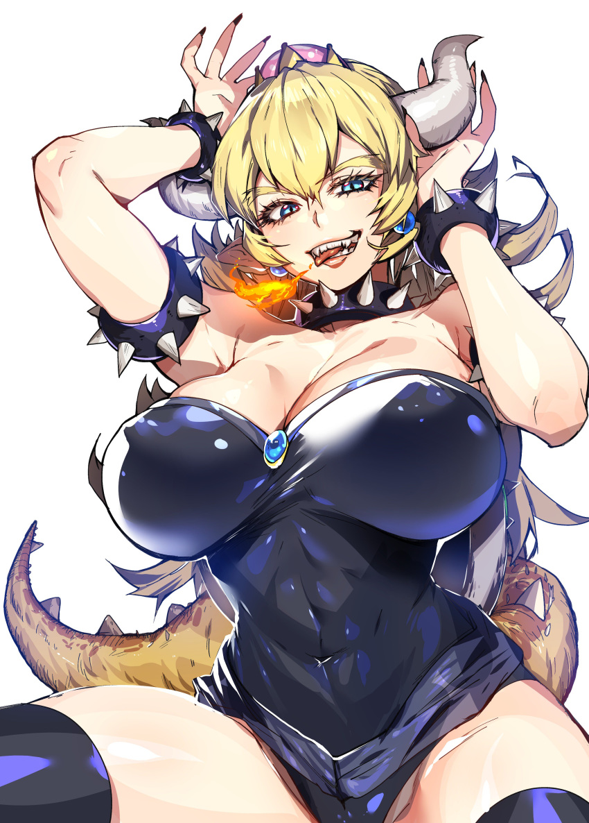 absurdres armlet bad_id bad_twitter_id bare_shoulders black_legwear blonde_hair blue_eyes bowsette bracelet breasts breathing_fire cleavage collar commentary_request covered_nipples crown fire highres horns huge_breasts jewelry leotard long_hair looking_at_viewer mario_(series) new_super_mario_bros._u_deluxe ponytail shiny shiny_hair shiny_skin solo spiked_bracelet spikes spread_legs super_crown takaraizu teeth tongue tongue_out turtle_shell
