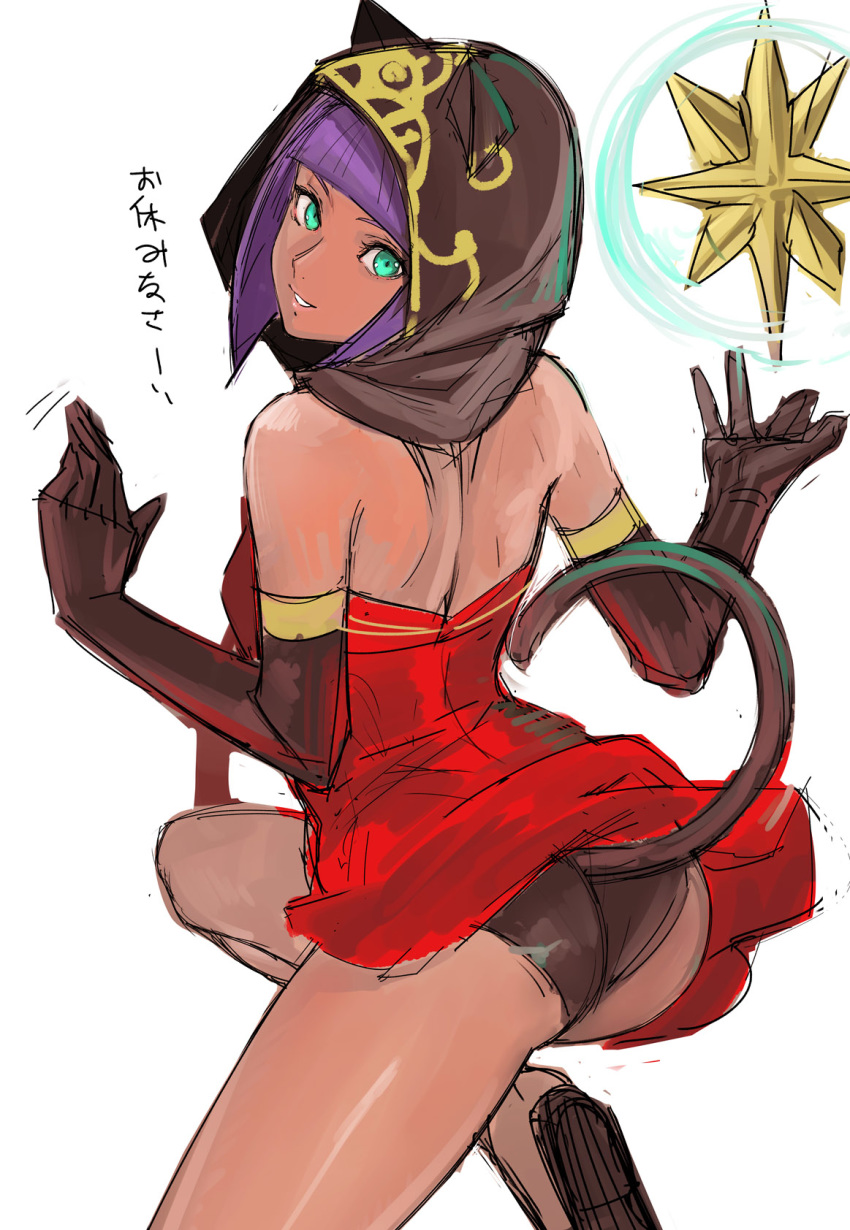 alternate_costume animal_ears animal_hood ass bangs bare_shoulders black_gloves black_panties blunt_bangs cat_ears cat_tail detached_hood dress elbow_gloves gloves green_eyes greyscale hands_up highres hood hood_up looking_at_viewer looking_back menat monochrome panties purple_hair red_dress simple_background sketch smile solo street_fighter street_fighter_v tail tail_lift tetsu_(kimuchi) translation_request underwear white_background