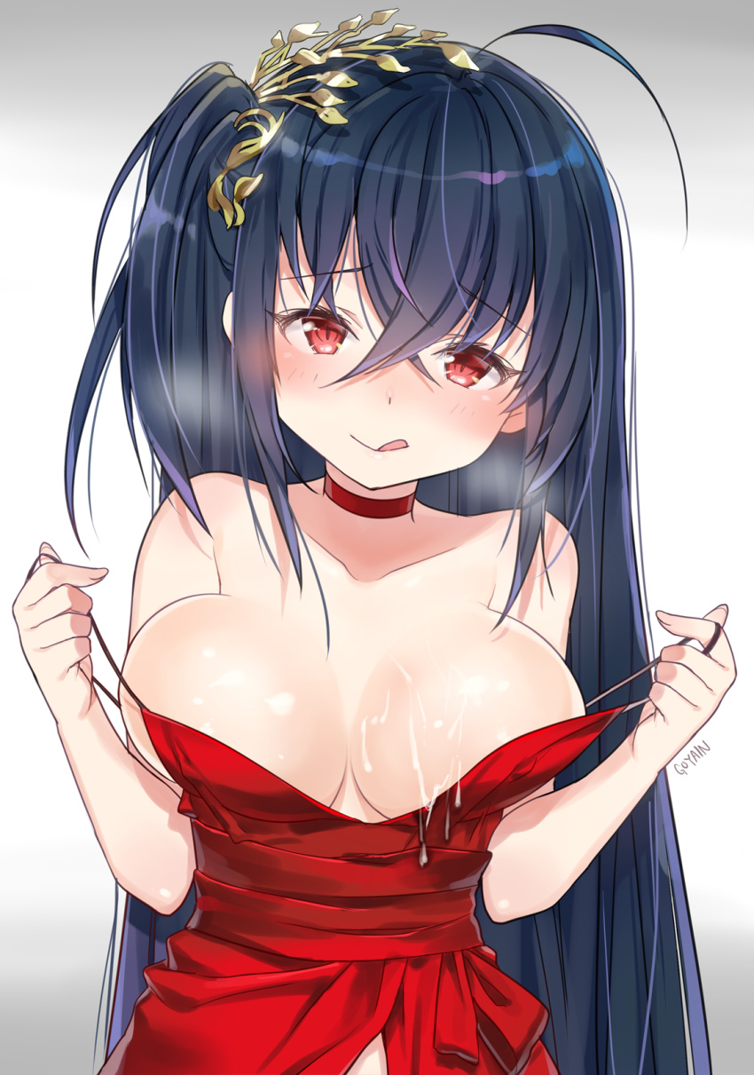 :q ahoge artist_name azur_lane bangs bare_shoulders black_hair blush breasts choker closed_mouth cocktail_dress collarbone commentary_request covered_nipples cum cum_on_body cum_on_breasts cum_on_upper_body dress eyebrows_visible_through_hair fingernails goyain gradient gradient_background grey_background hair_between_eyes hands_up head_tilt highres large_breasts long_hair one_side_up pulled_by_self red_choker red_dress red_eyes signature smile solo strap_pull taihou_(azur_lane) tongue tongue_out upper_body very_long_hair white_background