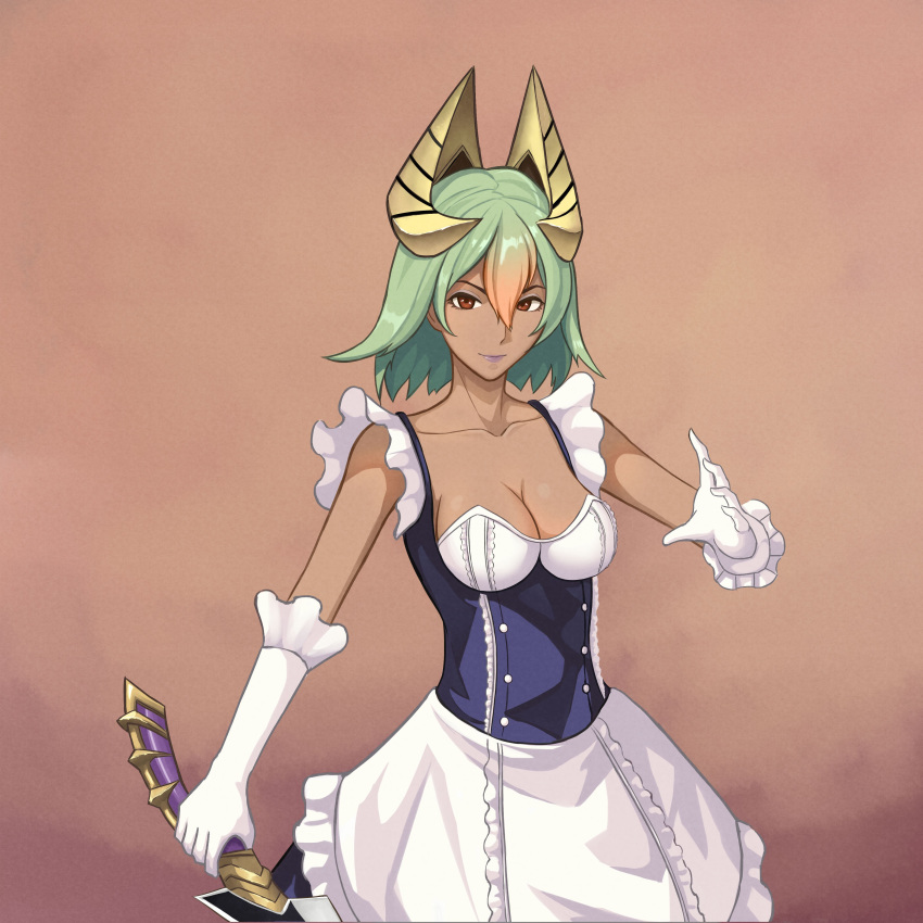 absurdres alternate_costume breasts brown_background brown_eyes cleavage closed_mouth commentary commission dakkalot dark_skin fire_emblem fire_emblem_heroes gloves gradient_hair green_hair hair_ornament highres holding holding_sword holding_weapon laegjarn_(fire_emblem_heroes) lipstick maid makeup medium_breasts multicolored_hair orange_hair short_hair simple_background solo sword weapon white_gloves