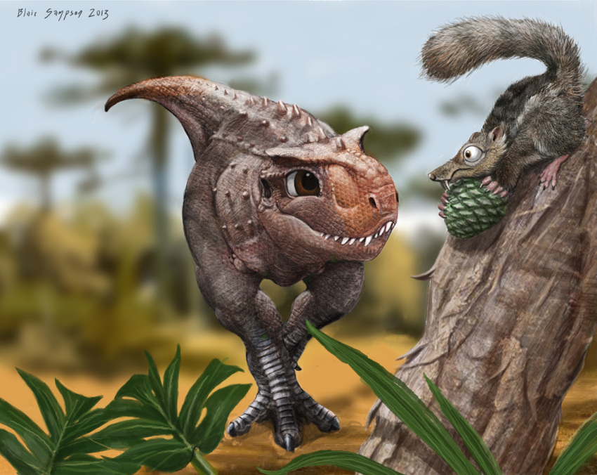 2013 3_toes 4_toes biped black_claws blurred_background brown_eyes brown_fur brown_nose brown_scales brown_tail carnotaurus claws cronopio_(species) cub curious cute digital_media_(artwork) digital_painting_(artwork) dinosaur duo earhole eye_contact fangs fear feral ferns frown fur holding_object leaning leaning_forward lighting looking_at_another mammal multicolored_scales nature oh_no orange_scales orange_tail outside pinecone pink_skin plant predator/prey psithyrus quadruped ringtail sabertooth_(feature) sand scales scalie shadow sharp_teeth signature size_difference sky smile snout spiked_tail standing teeth theropod toe_claws toes tree two_tone_scales two_tone_tail wide_eyed young