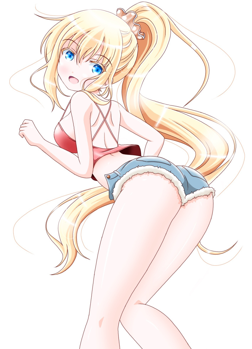 :d asobi_asobase ass blonde_hair blue_eyes blush camisole commentary_request cutoffs highres imai_kazunari leaning_forward long_hair looking_back olivia_(asobi_asobase) open_mouth ponytail short_shorts shorts smile solo standing very_long_hair