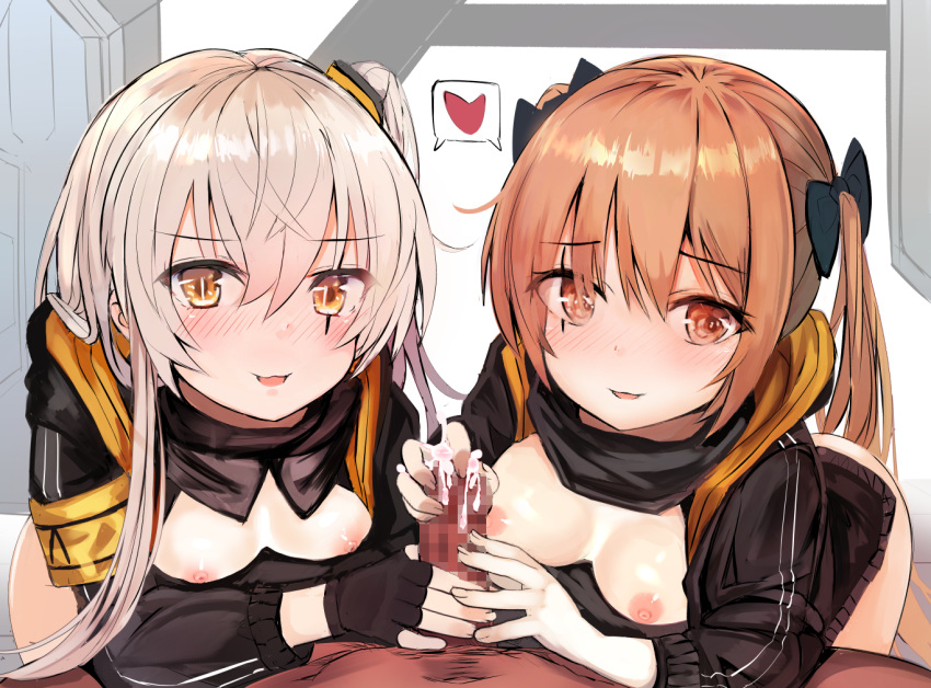 2girls :3 :d armband bangs black_bow black_gloves black_jacket blush bottomless bow breasts brown_eyes brown_hair censored commentary_request cum eyebrows_visible_through_hair fingerless_gloves fingernails girls_frontline gloves hair_between_eyes hair_bow hair_ornament handjob heart hetero hood hood_down hooded_jacket jacket leaning_forward light_brown_hair long_hair long_sleeves looking_at_viewer marisayaka medium_breasts mosaic_censoring multiple_girls navel nipples nose_blush one_side_up open_clothes open_jacket open_mouth out_of_frame penis pov shared_speech_bubble small_breasts smile speech_bubble spoken_heart twintails two-handed_handjob ump45_(girls_frontline) ump9_(girls_frontline) very_long_hair