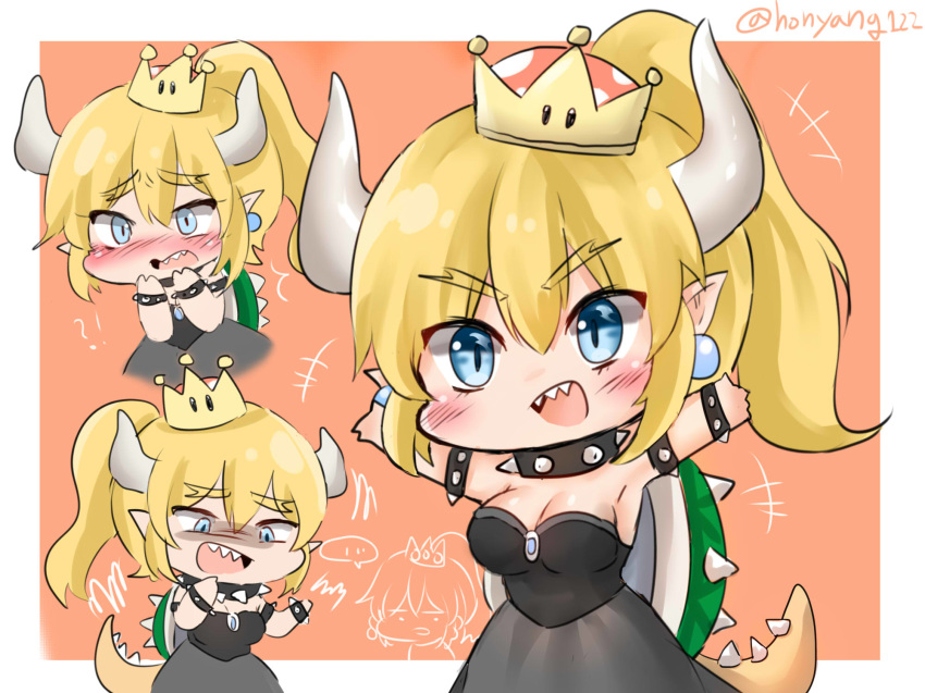 +++ ... 2girls \o/ arms_up bangs black_choker black_dress blonde_hair blue_eyes blush border bowsette bracelet breasts brooch chibi choker cleavage commentary_request crown dress earrings eyebrows_visible_through_hair fangs hand_to_own_mouth highres honyang horns jewelry mario_(series) multiple_girls multiple_views new_super_mario_bros._u_deluxe nose_blush orange_background outstretched_arms pointy_ears ponytail shell sidelocks spiked_bracelet spiked_choker spiked_tail spikes spoken_ellipsis strapless strapless_dress super_crown super_mario_bros. tail turtle_shell twitter_username white_border