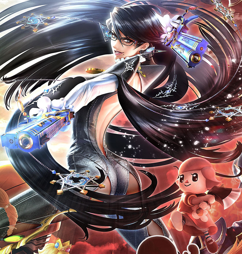 &gt;:d 2girls :d aiming_at_viewer arched_back ass axe bayonetta bayonetta_(character) black_clothes black_eyes black_hair blue_eyes closed_mouth cutout doubutsu_no_mori dress dual_wielding earrings female glasses grin gun highres holding holding_axe holding_gun holding_weapon jewelry lips lipstick looking_at_viewer looking_back makeup mole mole_under_mouth multiple_girls naughty_face nintendo official_art open_mouth outstretched_arm parted_lips pink_hair pink_lipstick red_dress revealing_clothes sega short_hair smile super_smash_bros. villager_(doubutsu_no_mori) weapon