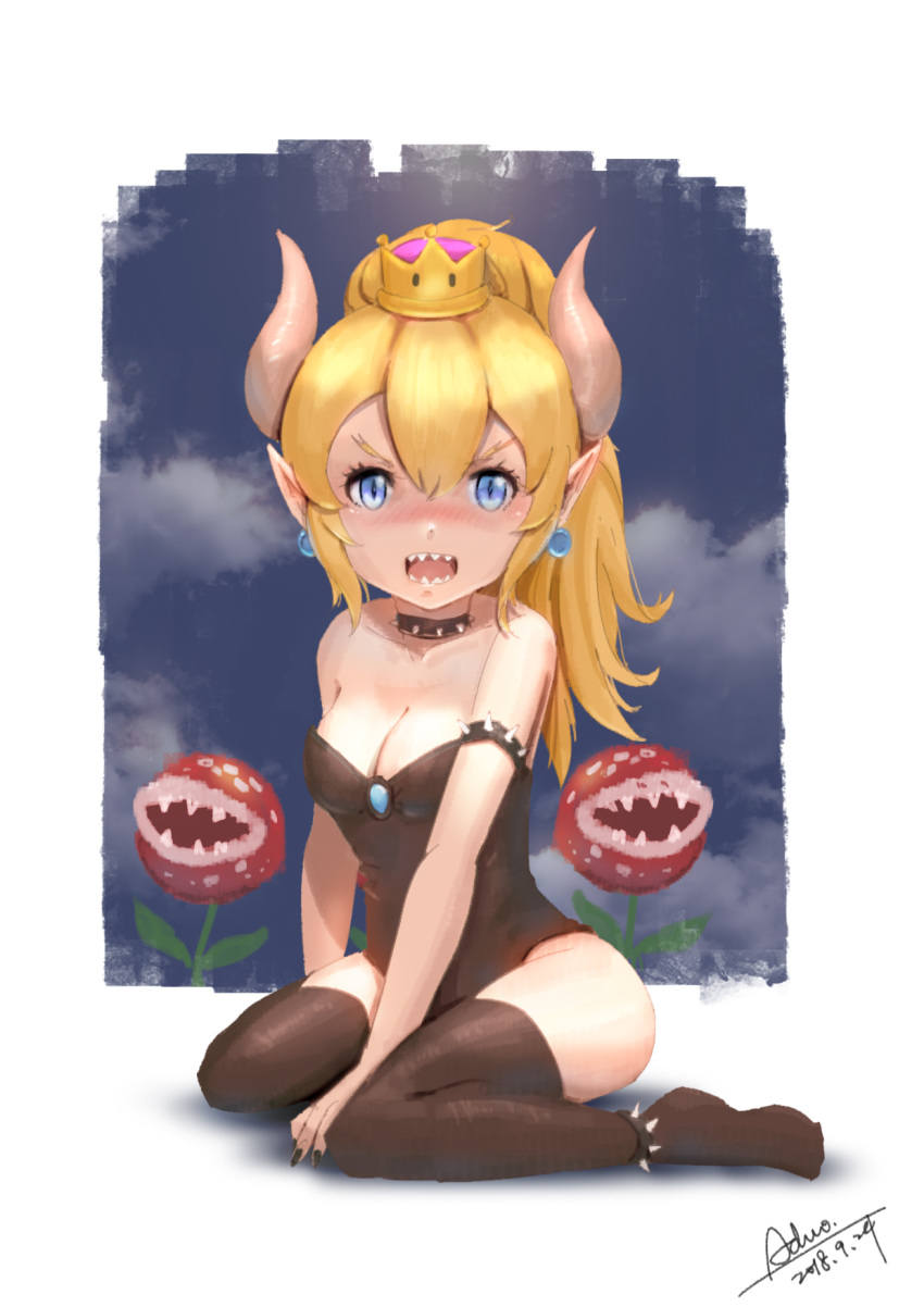 aduo bare_shoulders black_legwear black_leotard blonde_hair blue_eyes blush bowsette breasts child cleavage cloud collar commentary_request crown earrings embarrassed full_body highres horns jewelry kneeling leotard looking_at_viewer mario_(series) new_super_mario_bros._u_deluxe open_mouth piranha_plant pointy_ears ponytail sharp_teeth shoulder_spikes simple_background sky sleeveless small_breasts solo spiked_collar spikes strapless super_crown teeth thighhighs white_background younger