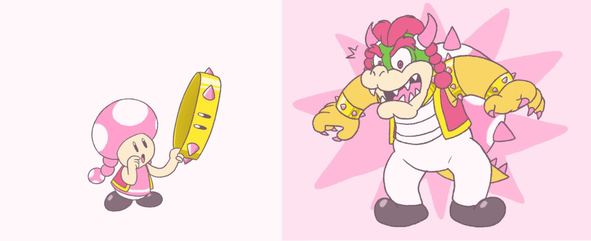 1girl :o armlet artist_request black_footwear bowser bracelet drawfag genderswap genderswap_(ftm) highres horns jewelry mario_(series) nail_polish new_super_mario_bros._u_deluxe pants pink_background pink_hair pink_nails pun short_twintails spiked_armlet spiked_bracelet spikes standing super_mario_bros. tail thick_eyebrows toadette transformation twintails white_pants