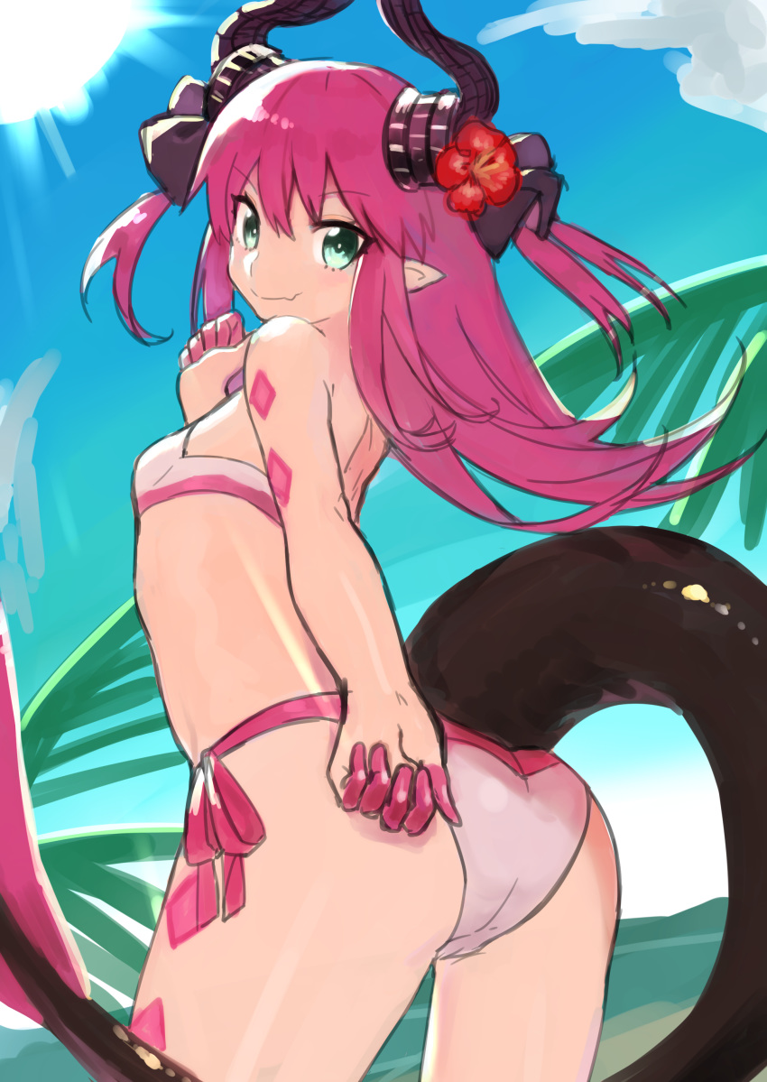 4410_(kanimiso) absurdres ass bikini commentary_request day dragon_girl dragon_horns dragon_tail elizabeth_bathory_(fate) elizabeth_bathory_(fate)_(all) fate/grand_order fate_(series) flat_chest flower from_behind green_eyes hair_flower hair_ornament hand_on_own_ass hand_on_own_face highres horns long_hair looking_back outdoors pink_bikini pink_hair pink_swimsuit pointy_ears side-tie_bikini smile solo swimsuit tail