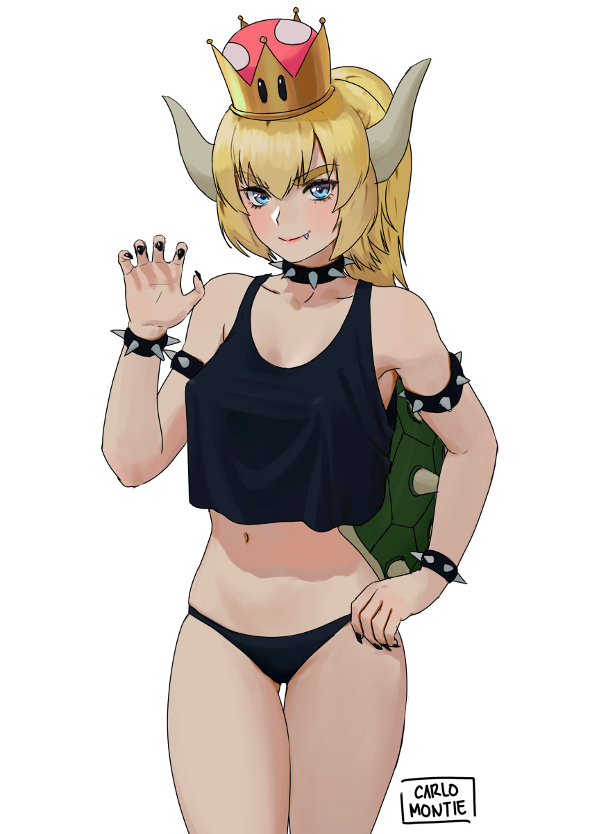absurdres ass_visible_through_thighs black_panties blonde_hair blue_eyes bowsette bracelet carlo_montie claw_pose collar commentary cowboy_shot crop_top crop_top_overhang crown english_commentary fang fang_out hand_on_hip highres horns jewelry looking_at_viewer mario_(series) midriff nail_polish new_super_mario_bros._u_deluxe no_pants panties ponytail simple_background solo spiked_bracelet spiked_collar spikes super_crown tank_top underwear white_background
