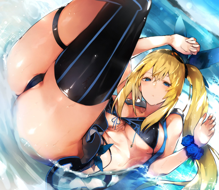 alternate_costume ass bangs bare_shoulders beach bikini bikini_skirt black_bikini black_legwear blonde_hair blue_eyes blue_ribbon blue_sky blurry blurry_background blush breasts cameltoe cleavage cloud commentary_request day eyebrows_visible_through_hair hair_between_eyes hair_ribbon half-closed_eyes hands_up highres large_breasts legs_up long_hair looking_at_viewer mirai_akari mirai_akari_project nishiide_kengorou ocean open_mouth partially_submerged reclining ribbon scrunchie shiny shiny_skin side_ponytail sidelocks single_thighhigh skindentation skirt sky solo sparkle stomach swimsuit thigh_strap thighhighs thighs virtual_youtuber wet wrist_scrunchie