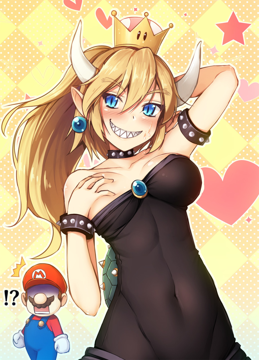 /\/\/\ 1boy 1girl arm_up armlet bangs bare_arms bare_shoulders black_collar black_dress blonde_hair blue_eyes blush bowsette breast_grab breasts brooch brown_hair checkered checkered_background chima_q collar commentary_request covered_navel cowboy_shot crown dress earrings eyebrows_visible_through_hair facial_hair flat_cap gloves grabbing grin hair_between_eyes hand_behind_head hat heart highres horns jewelry large_breasts long_hair looking_at_viewer mario mario_(series) mini_crown mustache new_super_mario_bros._u_deluxe one_breast_out open_mouth outline overalls pointy_ears ponytail red_hat red_shirt self_fondle shaded_face sharp_teeth shirt slit_pupils smile spiked_armlet spiked_collar spiked_shell spikes standing star strapless strapless_dress super_crown super_mario_bros. teeth white_gloves white_outline yellow_background