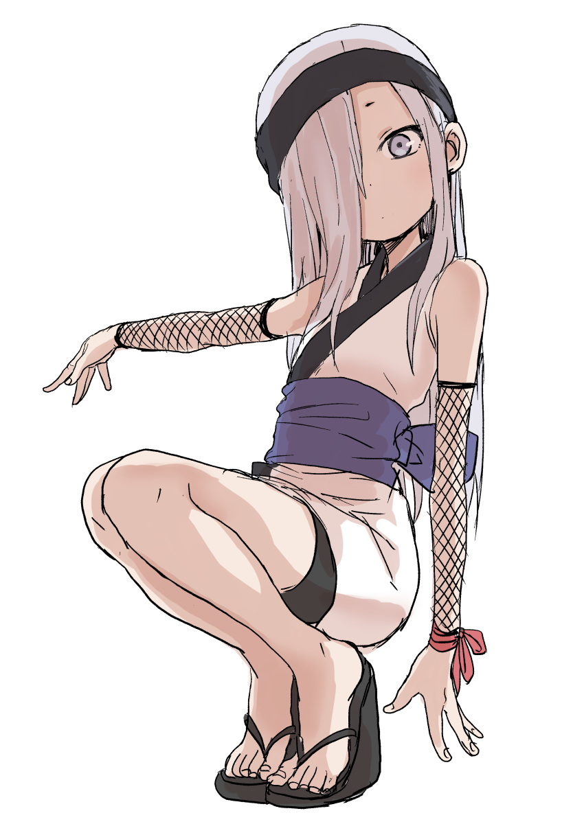 absurdres bare_shoulders blush character_request closed_mouth detached_sleeves fingernails fishnets full_body grey_eyes grey_hair hair_over_one_eye headband highres japanese_clothes kunoichi_tsubaki_no_mune_no_uchi legs_together long_hair looking_at_viewer no_socks obi platform_footwear red_ribbon ribbon sandals sash simple_background solo squatting toenails wedge_heels white_background wrist_ribbon yamamoto_souichirou