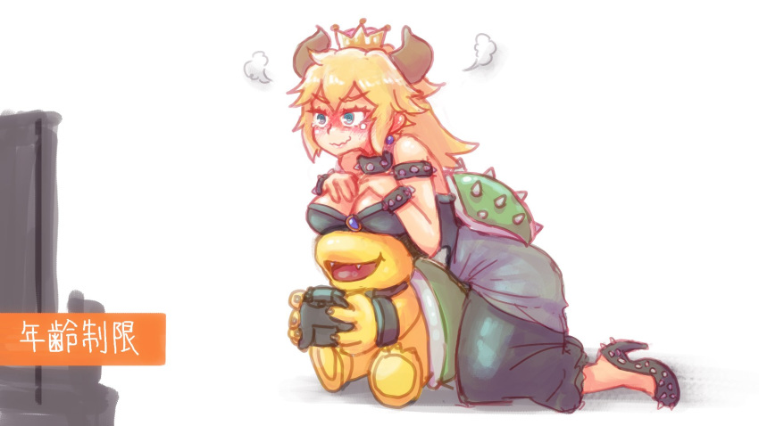 1girl @_@ armlet bare_shoulders black_dress blonde_hair blue_eyes blush bowser_jr. bowsette bracelet breast_rest breasts breasts_on_head cleavage collar controller crown crying crying_with_eyes_open cypherone dress earrings embarrassed facial_hair family fangs forced_smile game_controller gamepad highres horns jewelry large_breasts long_hair mario_(series) new_super_mario_bros._u_deluxe parody playing_games shoes simple_background smile spiked_armlet spiked_bracelet spiked_collar spiked_shell spiked_shoes spikes steam strapless strapless_dress super_crown super_mario_bros. sweat tears translated turtle_shell white_background