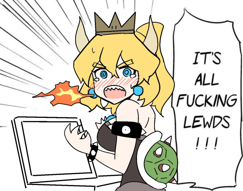 @_@ angry bare_shoulders black_dress blonde_hair blue_eyes blush bowsette bracelet breasts check_commentary cleavage commentary_request crown derivative_work dress embarrassed emphasis_lines english fire hako_kuma horns jewelry large_breasts long_hair looking_at_viewer mario_(series) new_super_mario_bros._u_deluxe nose_blush open_mouth ponytail profanity sharp_teeth sketch solo spiked_bracelet spikes super_crown tears teeth truth