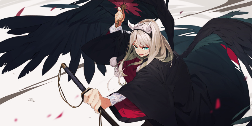 black_robe black_wings blonde_hair blue_eyes commentary_request feather_duster feathered_wings hairband highres holding holding_sword holding_weapon horns kamameshi_gougoumaru katana long_hair long_sleeves looking_at_viewer original pom_pom_(clothes) scabbard sharp_teeth sheath sheathed slit_pupils solo sword teeth weapon wide_sleeves wings