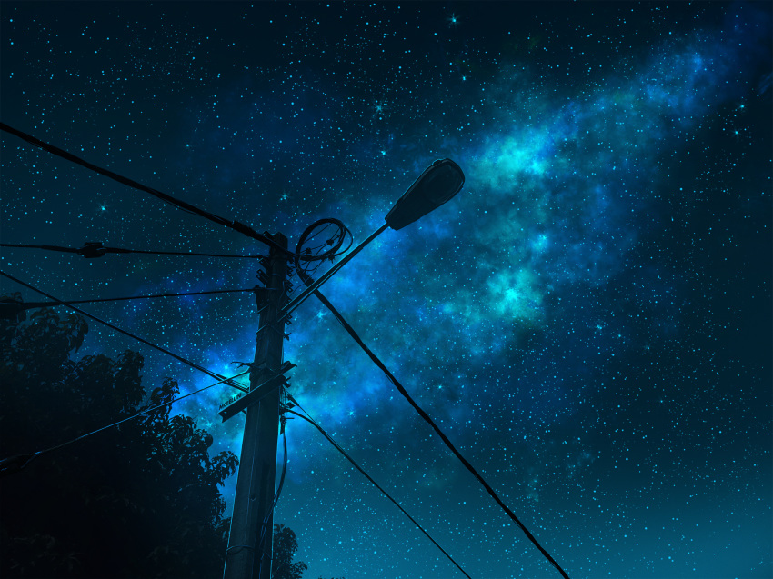 commentary english_commentary highres making_of mclelun milky_way night night_sky no_humans original outdoors photoshop_(medium) power_lines scenery sky star_(sky) starry_sky telephone_pole tree