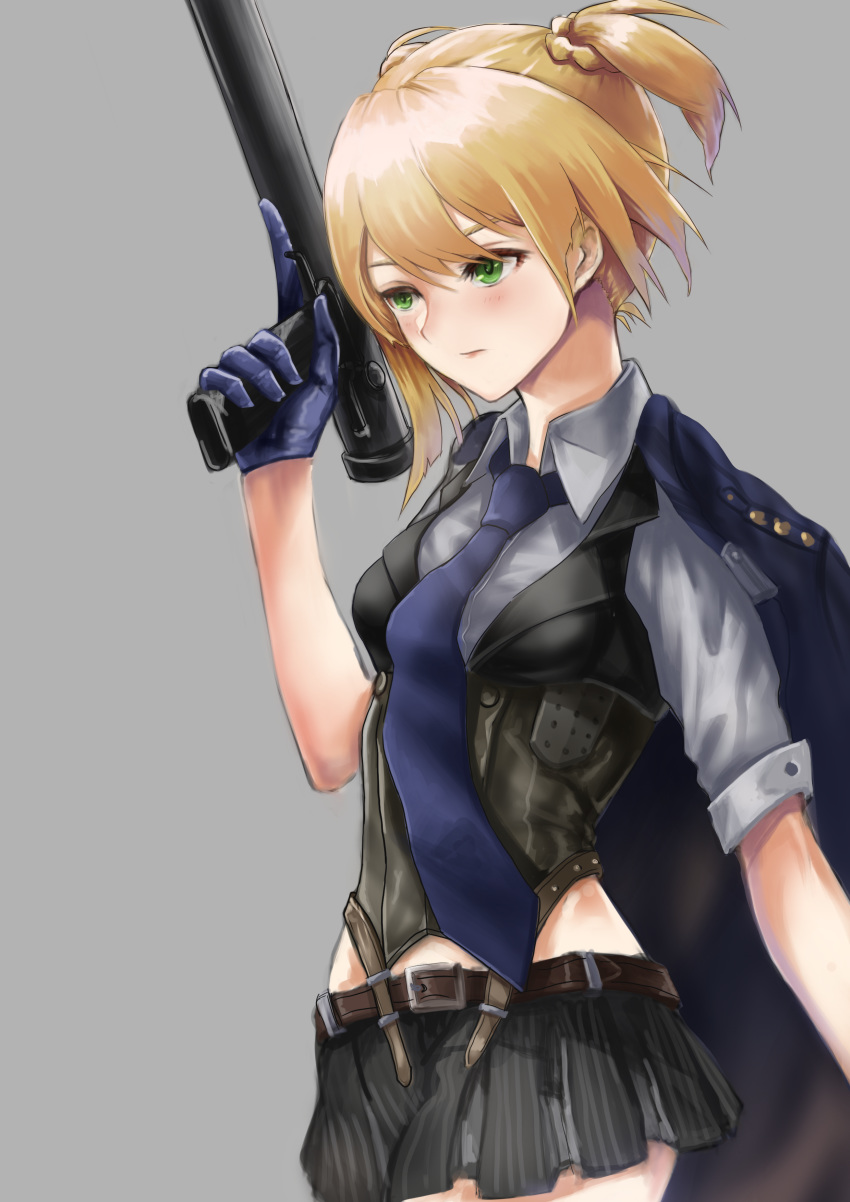 absurdres bangs belt black_gloves blonde_hair blue_gloves blue_jacket blue_neckwear blush braid breasts buckle closed_mouth collared_shirt commentary_request corset eyebrows_visible_through_hair girls_frontline gloves green_eyes grey_background grey_shirt gun hair_between_eyes half_gloves highres holding holding_gun holding_weapon holster jacket jacket_on_shoulders level9kaito medium_breasts necktie shirt short_hair sidelocks simple_background skirt solo striped striped_skirt trigger_discipline twintails vest weapon welrod_mk2 welrod_mk2_(girls_frontline)