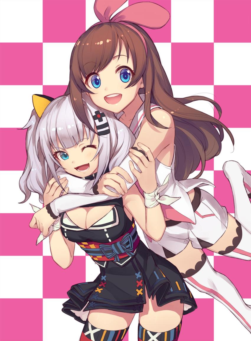 :d ;d a.i._channel bangs black_dress blue_eyes blush boots breasts brown_hair checkered checkered_background collarbone detached_sleeves dress eyebrows_visible_through_hair hair_ornament hair_ribbon hairclip highres hug hug_from_behind kaguya_luna kaguya_luna_(character) kizuna_ai kotoribako large_breasts leaning_forward long_hair long_sleeves looking_at_viewer multiple_girls obi one_eye_closed open_mouth pink_ribbon ribbon sash silver_hair smile swept_bangs thigh_boots thighhighs twintails virtual_youtuber white_footwear zettai_ryouiki