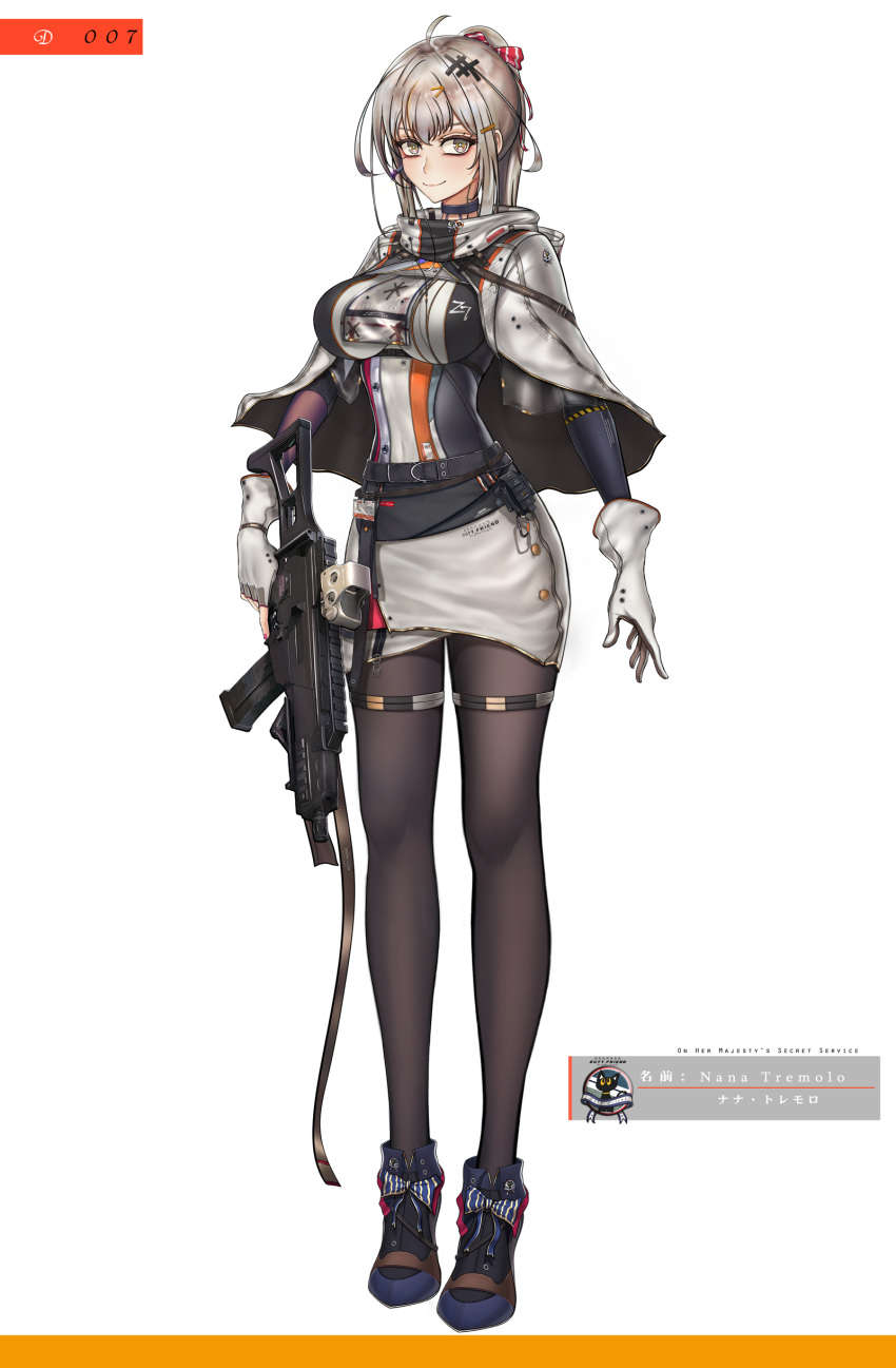 absurdres ahoge assault_rifle blue_choker breasts capelet choker closed_mouth dress full_body gloves grey_eyes grey_hair grey_legwear gun hair_ornament hairclip highres holding holding_gun holding_weapon large_breasts looking_at_viewer murasaki_saki original rifle shoes short_dress simple_background smile solo standing tachi-e thigh_strap weapon white_background white_capelet white_dress white_gloves