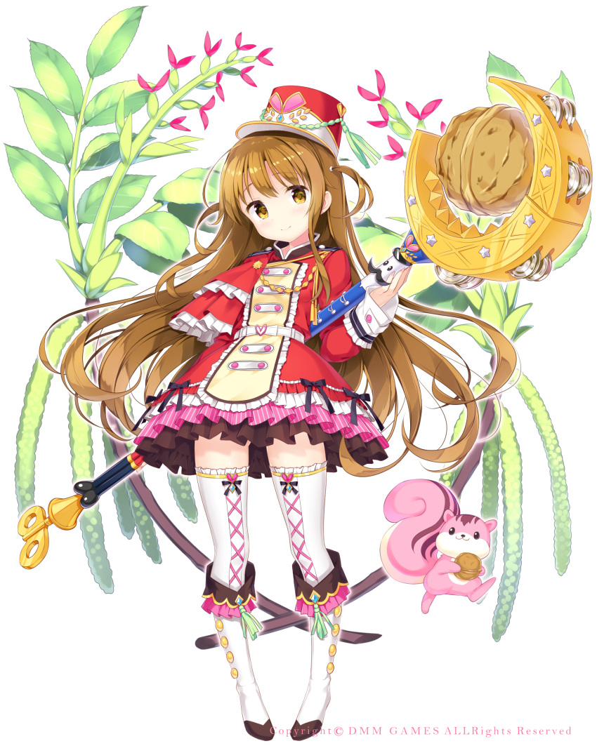 absurdres aiguillette animal bangs blush boots brown_eyes brown_hair closed_mouth commentary_request company_name cross-laced_clothes cross-laced_legwear dress eyebrows_visible_through_hair flower flower_knight_girl frilled_legwear frills full_body hair_between_eyes hat head_tilt heart highres holding holding_staff instrument kimishima_ao knee_boots kurumi_(flower_knight_girl) long_sleeves object_namesake official_art pigeon-toed red_dress red_flower red_hat shako_cap simple_background smile solo squirrel staff standing tambourine thighhighs two_side_up walnut_(food) watermark white_background white_footwear white_legwear zettai_ryouiki