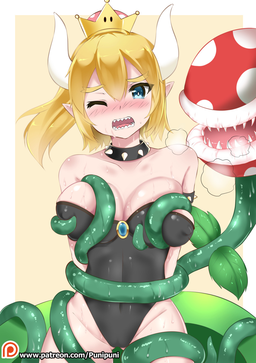 absurdres ass_visible_through_thighs bare_shoulders black_leotard blonde_hair blue_eyes blush bowsette breasts catstudioinc_(punepuni) collar collarbone commentary_request covered_nipples crown d; eyebrows_visible_through_hair gradient highres horns large_breasts leotard long_hair mario_(series) new_super_mario_bros._u_deluxe nose_blush one_eye_closed open_mouth patreon_logo piranha_plant pointy_ears ponytail sharp_teeth simple_background solo spiked_collar spikes super_crown sweat teeth tentacles yellow_background