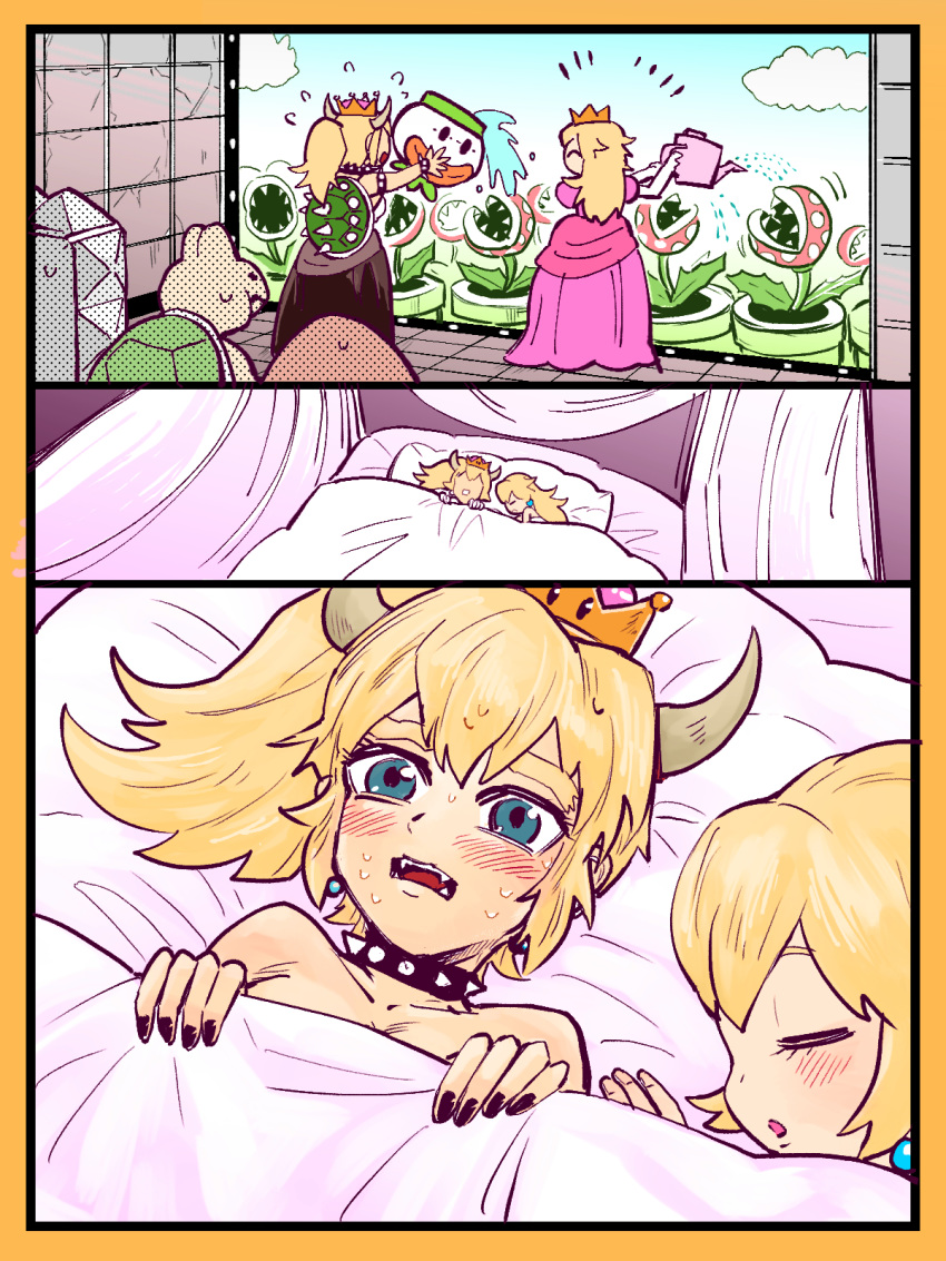 bare_shoulders bed black_dress black_nails blonde_hair blue_eyes blush bowsette bracelet closed_eyes collar comic commentary_request crown dress earrings fangs flying_sweatdrops goomba highres horns jewelry koopa_clown_car koopa_troopa lying mario_(series) multiple_girls nail_polish new_super_mario_bros._u_deluxe nude on_back pink_dress piranha_plant ponytail princess_peach ruined_for_marriage sleeping spiked_bracelet spiked_collar spikes super_crown super_mario_bros. sweat t_atarou thwomp turtle_shell warp_pipe watering yuri