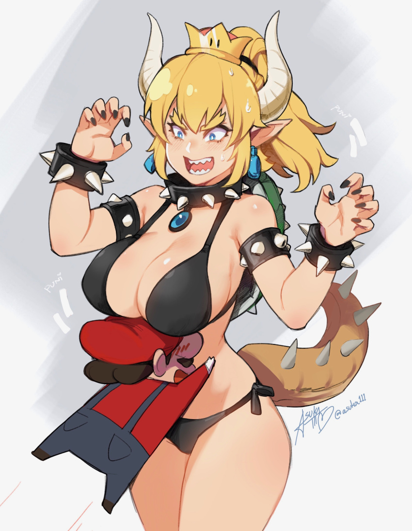1girl absurdres bikini black_bikini blonde_hair blue_eyes blush borrowed_design bowsette bracelet breasts choker claw_pose commentary_request crown embarrassed glomp highres horns hug jewelry large_breasts mario mario_(series) miniboy new_super_mario_bros._u_deluxe open_mouth patipat_asavasena pointy_ears shell side-tie_bikini simple_background spiked_armlet spiked_bracelet spiked_choker spiked_tail spikes super_crown super_mario_bros. swimsuit tail